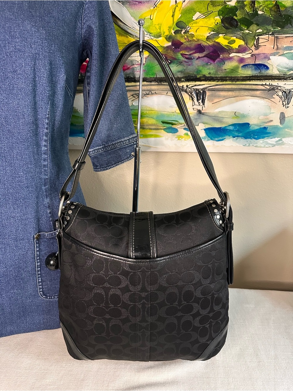 Coach Black Signature Crossbody Saddle Bag with Stud Accents 2008 (F12852) - Picture 2 of 12